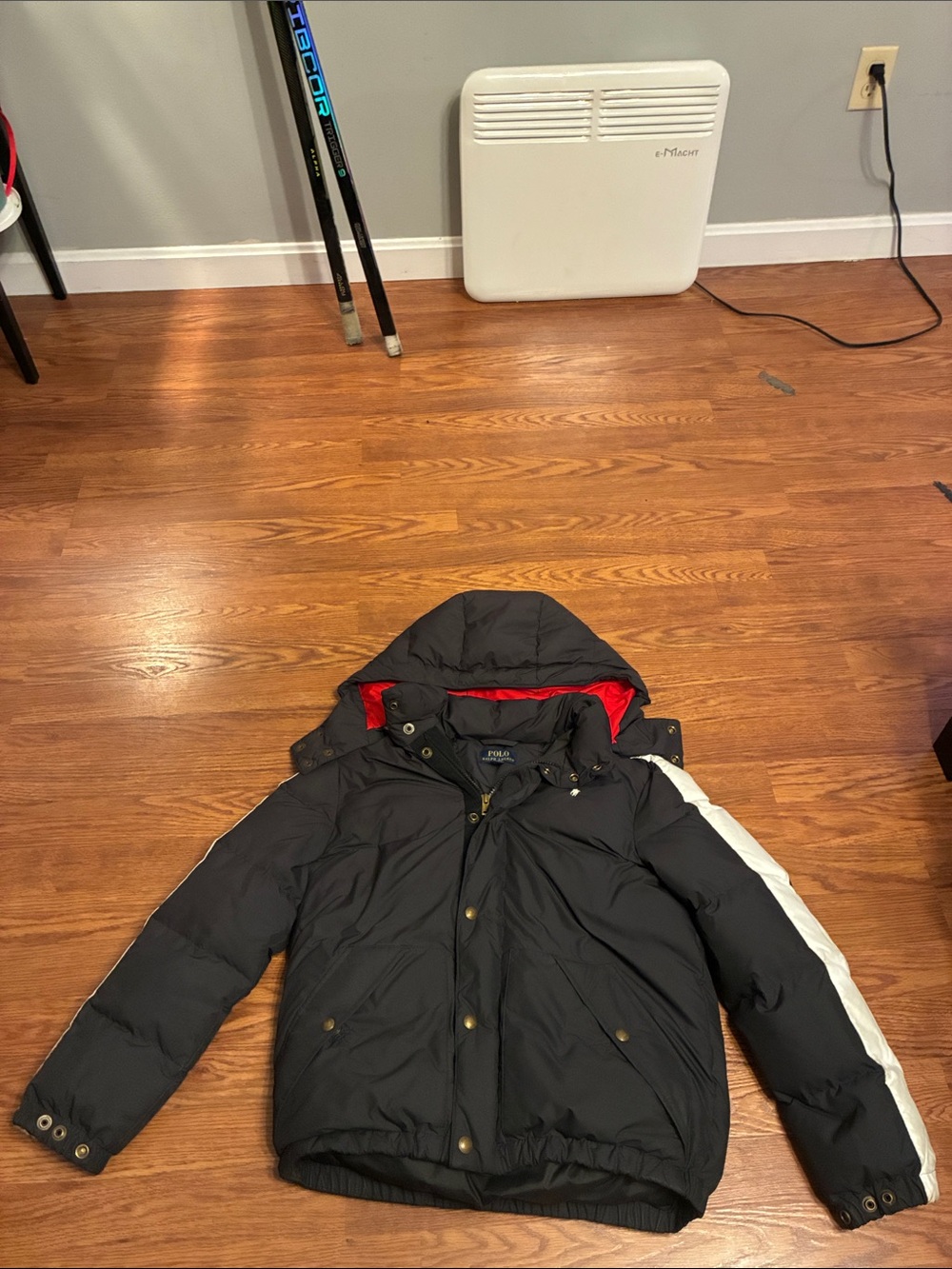 Polo Men’s Black Hooded Puffer Jacket with Red Lining, zipper hoodie detachable.